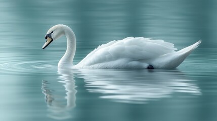 Fototapeta premium Elegant white swan gracefully gliding on calm, teal water, its reflection mirrored perfectly.