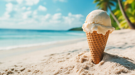 A cone with ice cream stuck in the sand on the beach of a tropical island. The sea and palm trees in the background. Vacation and travel concept with Copy Space 