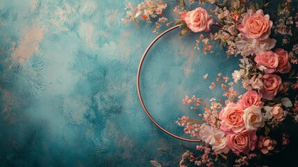 Delicate flower hoop setup with pink blooms on a vintage wall. Keywords include wedding, maternity, photography, and elegance. Ideal for photoshoots and event decorations.