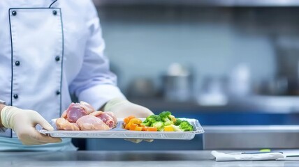 Food safety packaging training concept. Chef holding a tray with raw meat and colorful vegetables in a kitchen setting.