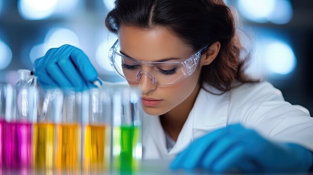 Scientist conducts experiment with colorful liquids in laboratory setting on a bright and focused day