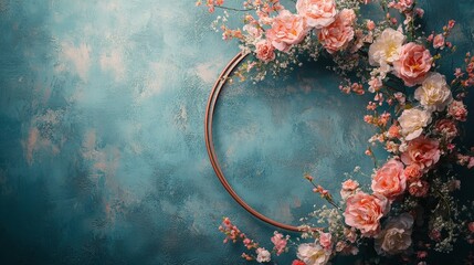 Delicate flower hoop setup with pink blooms on a vintage wall. Keywords include wedding, maternity, photography, and elegance. Ideal for photoshoots and event decorations.