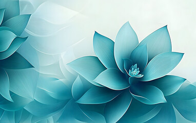 Obraz premium Abstract teal blue lotus flower pattern. Pastel green background design. Yoga, meditation and spa. Wellness and harmony concept for banner, backdrop, poster, print with copy space