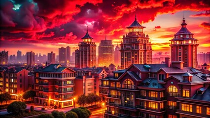 Fototapeta premium Vibrant Night Lightscape: Red Sky, Architectural Silhouette, Colorful Illumination