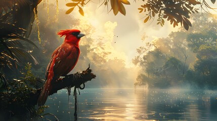 Red-billed cardinal bird perched on a lakeside tree branch