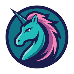 A sleek, stylish unicorn mascot logo within a circle, featuring bold lines, vibrant colors, and a modern, dynamic design that embodies elegance and magic.