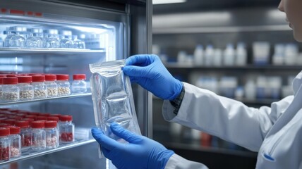 Food safety packaging training concept. Scientist in gloves handling a package from a refrigerated laboratory shelf.