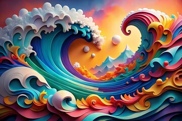 Vibrant Ocean Wave Paper Cut Art: Abstract Colorful Design with Copy Space