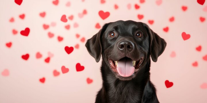 Black dog is sitting in front of a pink background with many hearts
