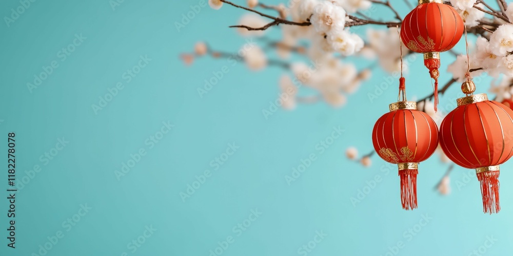 Poster blue background with three red lanterns hanging from a tree