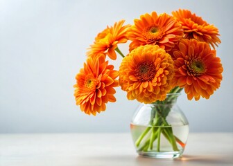 Fototapeta premium Vibrant Orange Flowers in Glass Vase, White Background Stock Photo