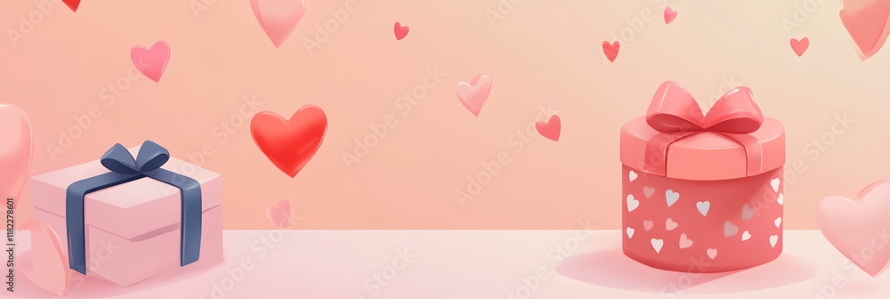 Poster pink background with two red boxes with hearts on them