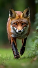 Obraz premium A close-up of a fox walking through a lush green environment.