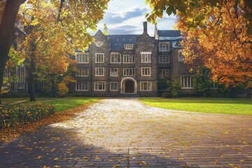 Beautiful autumn day at a historic university campus surrounded by vibrant fall foliage