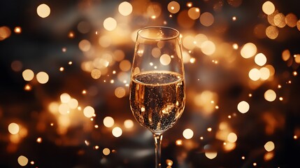 Sparkling Champagne Glass with Blurry Golden Bokeh Background