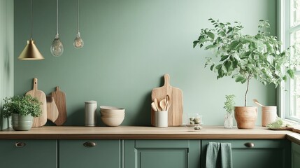 Green kitchen, wood countertop, plants, utensils, bowls.