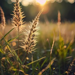 Wild grass in the forest at sunset. Macro image, shallow depth of field. Abstract summer nature background. Vintage filter, generative ai