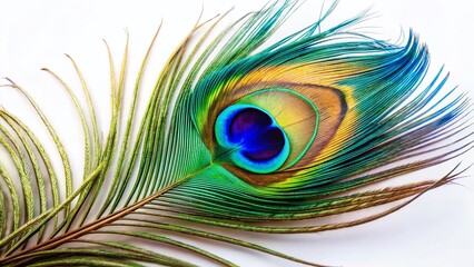 Obraz premium Vibrant Peacock Feather on White Background - Elegant Nature Stock Photo