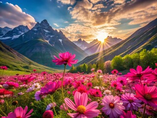 Obraz premium Vibrant Pink Flowers Blooming Against Majestic Mountains - Stunning Summer Landscape