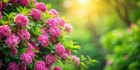 Obraz premium Vibrant Pink Flowering Shrub, Lush Green Leaves, Elegant Botanical Image