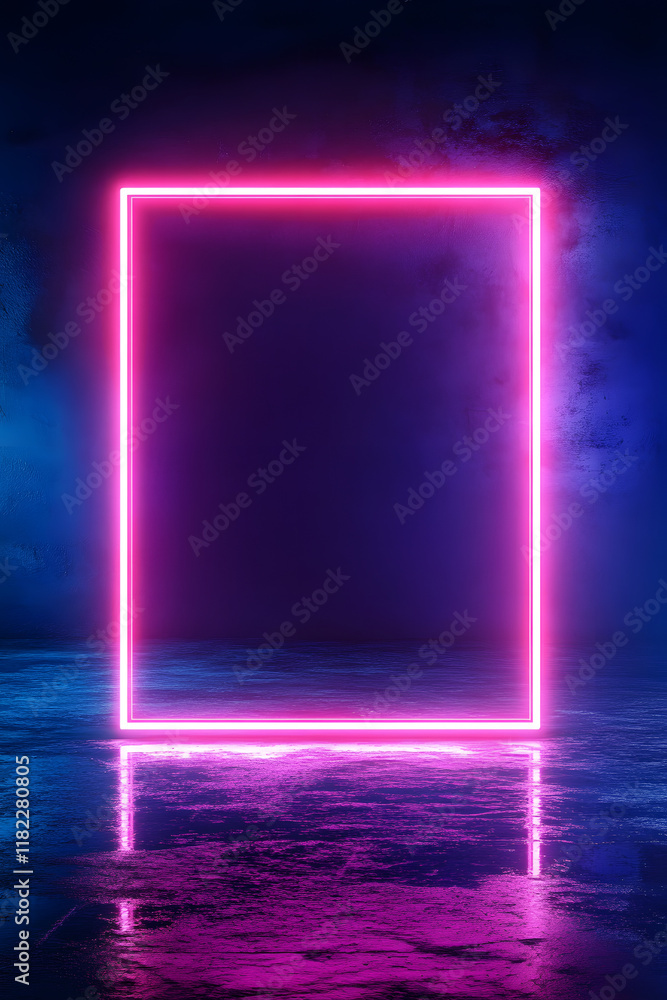 Poster empty neon rectangle frame with shining effect on dark background with copy space. black friday, cyb