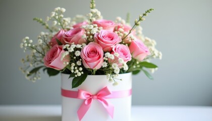 Obraz premium Bouquet of flowers in white box. Woman's Day, Valentine's day concept. Birthday