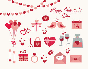 Cute Valentine's Day Elements Set: Hearts, Champagne Glasses, Gifts, Love Potion, Birds, Balloons, Letters, and Romantic Icons. Flat Vector Illustration.