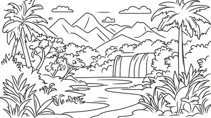 Obraz premium Tropical waterfall coloring page; lush jungle, mountains background; educational/artistic use