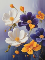A colorful background picture of flowers and leaves with violet purple, yellow, orange color.