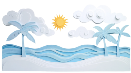 3D paper cut beach scene on white background