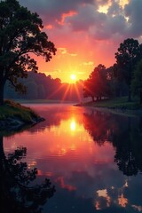 Obraz premium Sunset over the pond with ripples in the water, ripples, pond, calm