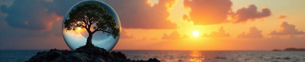 Fototapeta premium Tree of Life in Glass Globe suspended at sunset, blue, orange