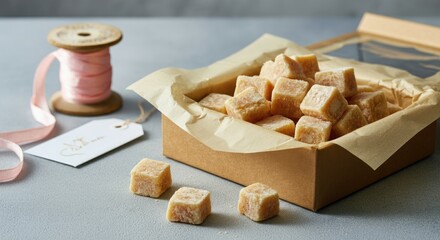 Fototapeta premium Box filled with light brown sugar cubes on parchment paper