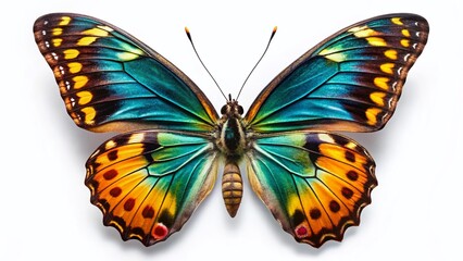Fototapeta premium Vibrant Rare Butterfly on White, Unique Wing Patterns, Candid Photography, Generative AI Stock Photo