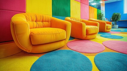 Colorful lounge area with vibrant chairs and carpet.