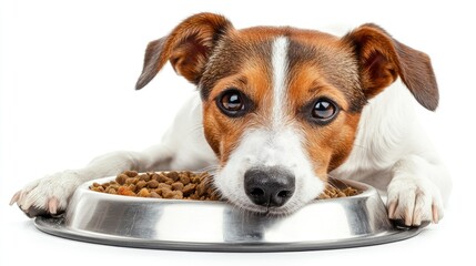 A dog resting its head on a stainless steel bowl filled with pet food.