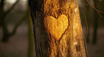 Heart shape carved into tree bark in sunlight