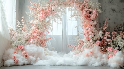 Delicate flower hoop setup with pink blooms on a vintage wall. Keywords include wedding, maternity, photography, and elegance. Ideal for photoshoots and event decorations.