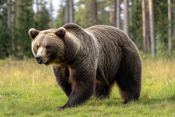 Obraz premium A brown bear walking through a grassy area in a forested environment.