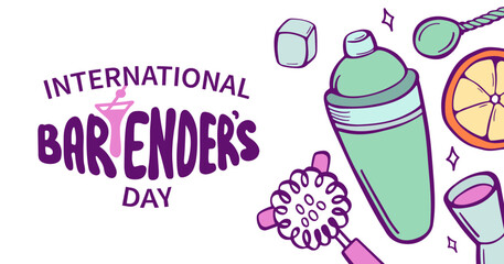 International Bartender day greeting banner. Set of elements bartender makes cocktail. Ice, shaker, stirring spoon, jigger, glass, citrus peel. Sketch style, crooked doodle. Vector illustration.