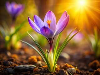 Obraz premium Vibrant Saffron Crocus Flowers Blooming in Spring Meadow - Stock Photo
