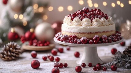 Christmas Cake Decorated with Holiday Ornaments. Generative AI