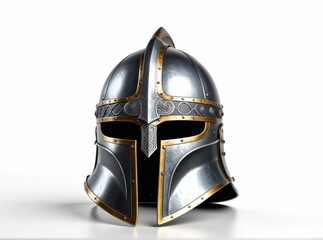 Detailed medieval helmet showcases intricate design and craftsmanship in a studio setting
