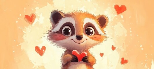 Obraz premium raccoon smiling holding red hearts, cartoon illustration cute baby animal Valentine's day love theme, cute nursery fairytale vibes