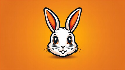 Fototapeta premium Adorable cartoon rabbit illustration with big eyes and orange ears against a warm orange background.