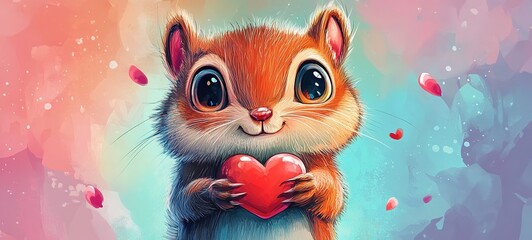 Fototapeta premium smiling squirrel holding red heart cartoon illustration cute baby animal Valentine's day love theme, cute nursery fairytale vibes