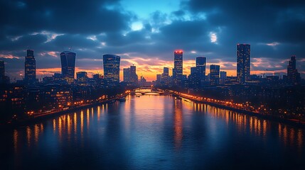 Fototapeta premium London Skyline Sunset Cityscape River Reflection