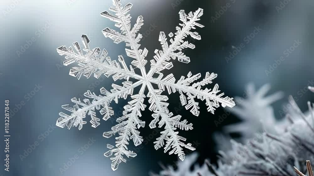 Poster snowflake highlights intricate details with macro focus, creating a serene winter atmosphere full of