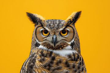 Obraz premium A close-up of a fierce-looking owl against a bright yellow background.