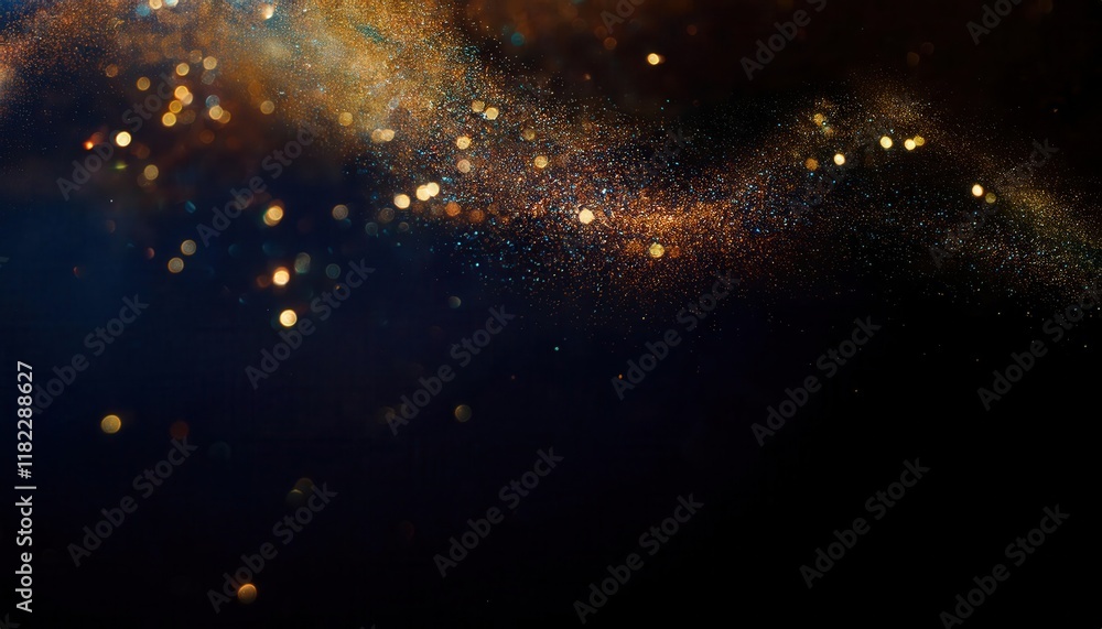 Wall mural shimmering cosmic dust particles in golden and blue hues on a dark background for abstract design, s